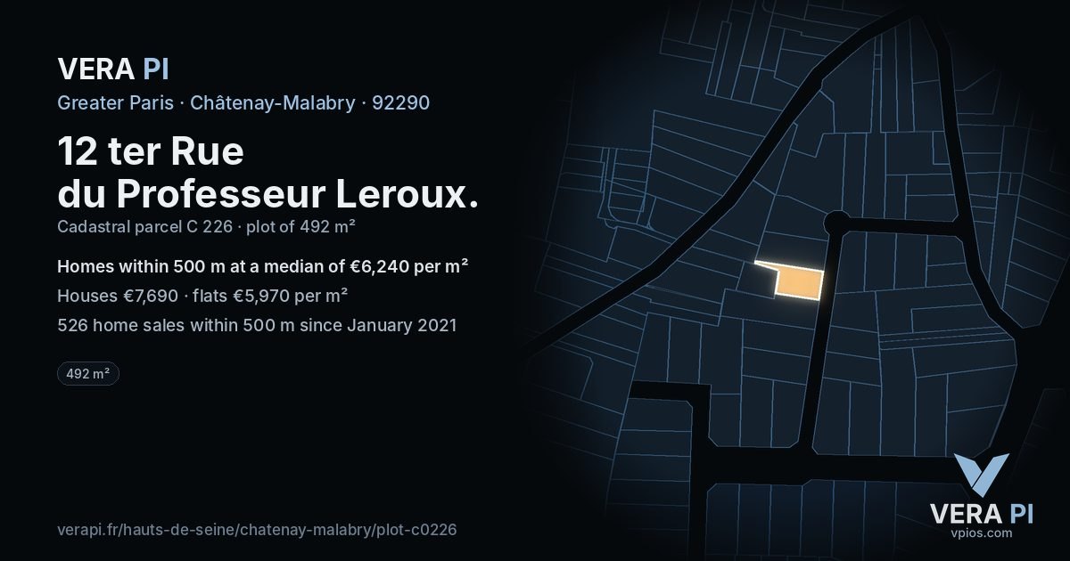 12 ter Rue du Professeur Leroux, Châtenay-Malabry at night – the plot lit, the parcels around coloured by the prices near them