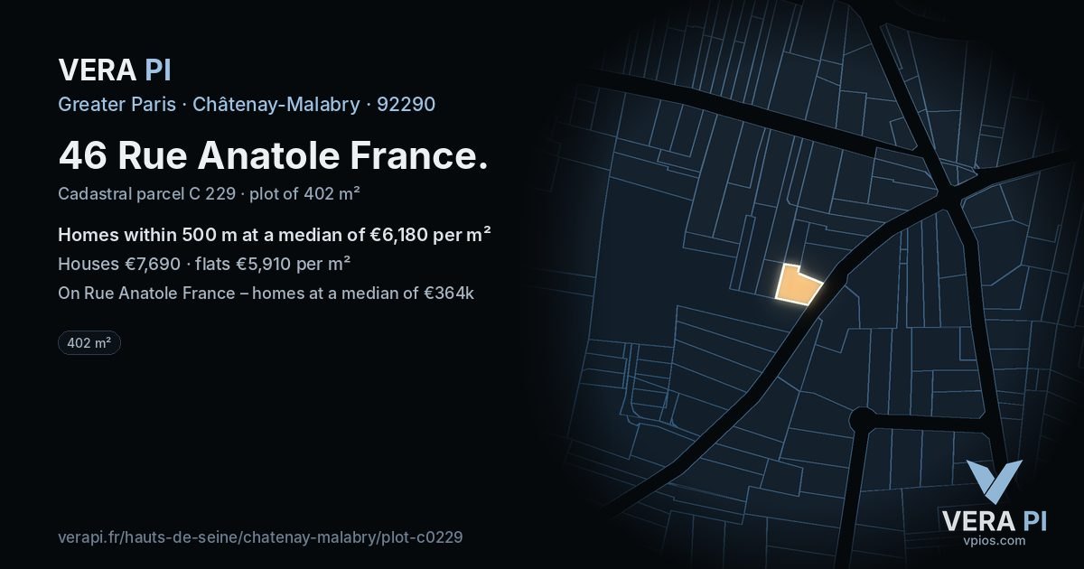 46 Rue Anatole France, Châtenay-Malabry at night – the plot lit, the parcels around coloured by the prices near them