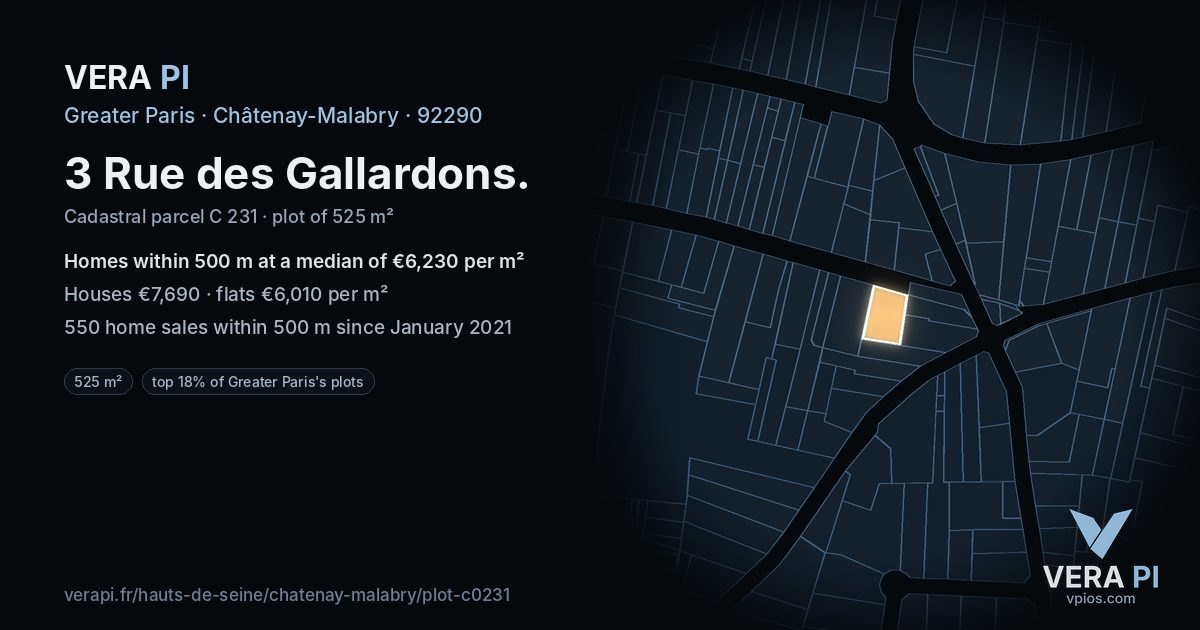 3 Rue des Gallardons, Châtenay-Malabry at night – the plot lit, the parcels around coloured by the prices near them