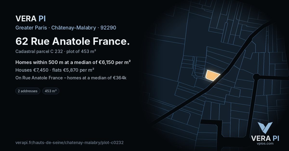 62 Rue Anatole France, Châtenay-Malabry at night – the plot lit, the parcels around coloured by the prices near them