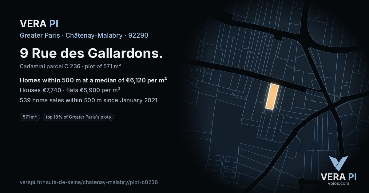 9 Rue des Gallardons, Châtenay-Malabry at night – the plot lit, the parcels around coloured by the prices near them