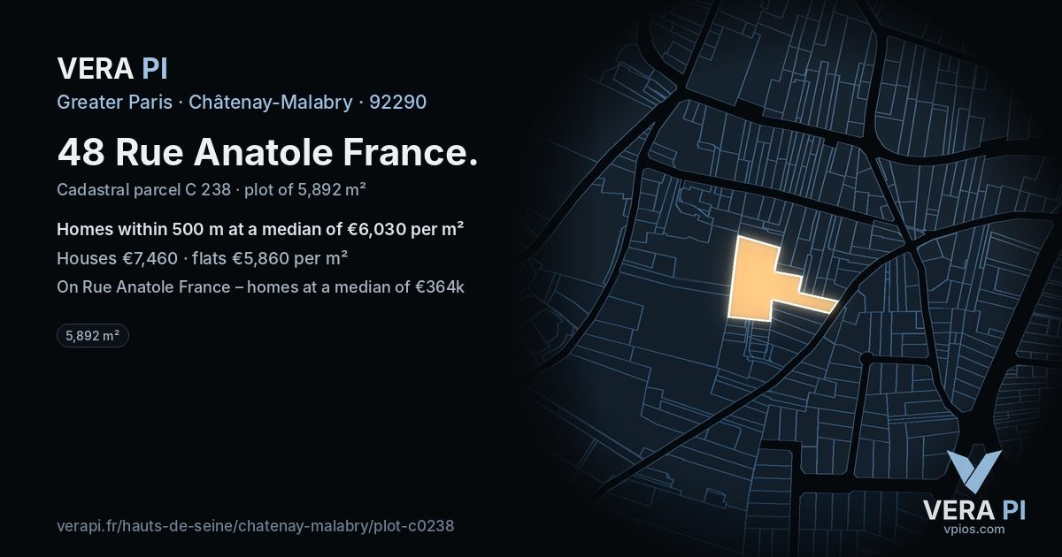 48 Rue Anatole France, Châtenay-Malabry at night – the plot lit, the parcels around coloured by the prices near them
