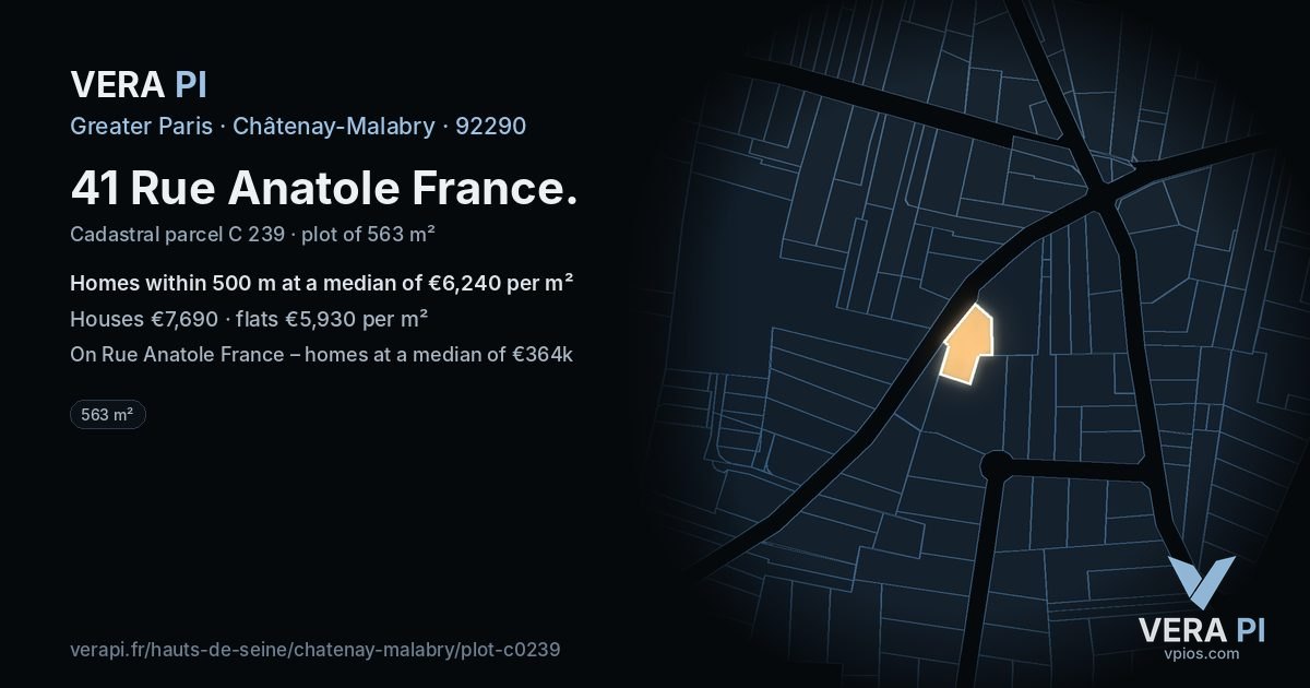 41 Rue Anatole France, Châtenay-Malabry at night – the plot lit, the parcels around coloured by the prices near them