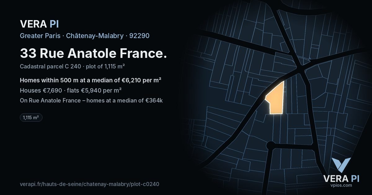 33 Rue Anatole France, Châtenay-Malabry at night – the plot lit, the parcels around coloured by the prices near them