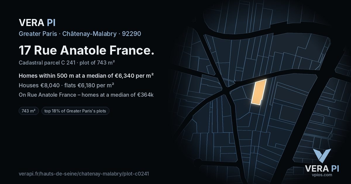 17 Rue Anatole France, Châtenay-Malabry at night – the plot lit, the parcels around coloured by the prices near them