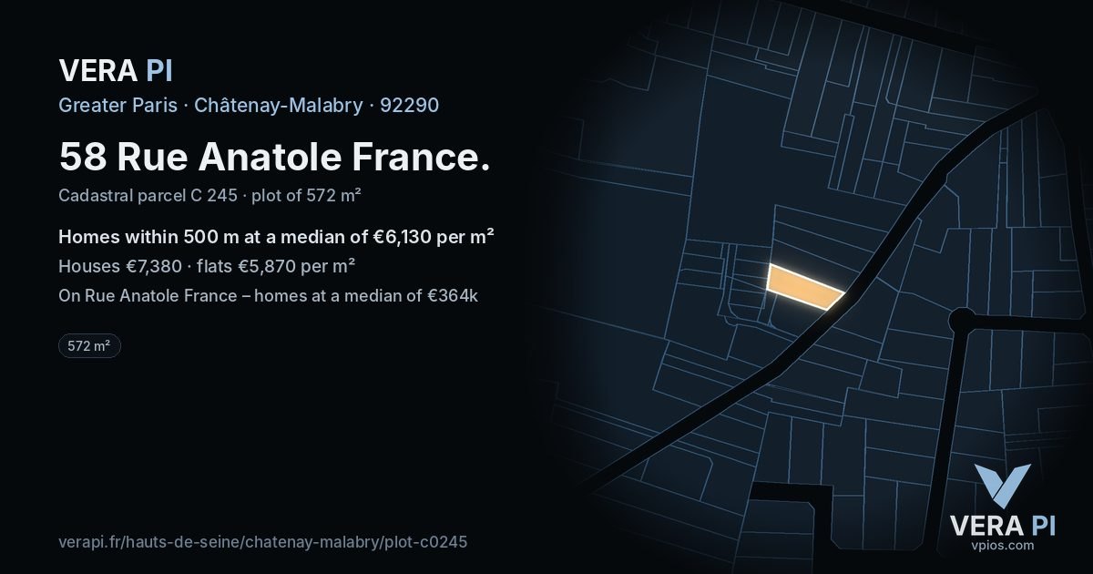 58 Rue Anatole France, Châtenay-Malabry at night – the plot lit, the parcels around coloured by the prices near them