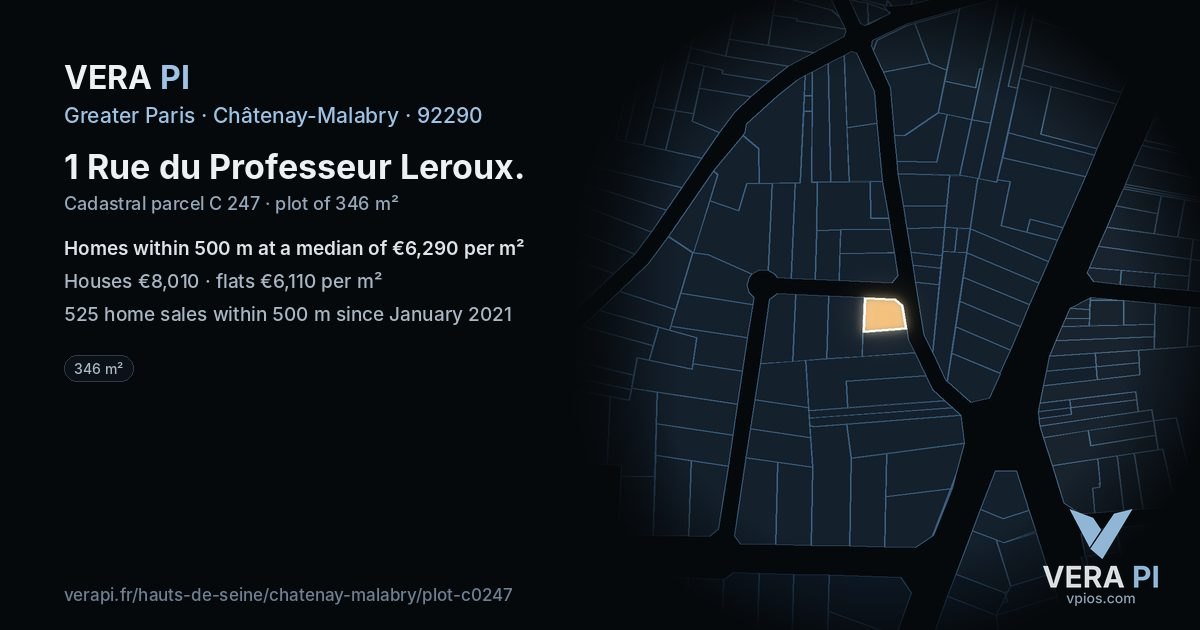 1 Rue du Professeur Leroux, Châtenay-Malabry at night – the plot lit, the parcels around coloured by the prices near them