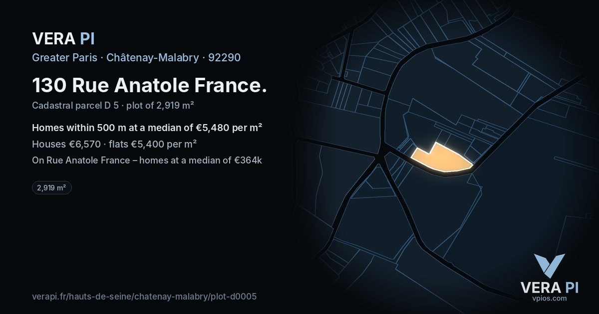 130 Rue Anatole France, Châtenay-Malabry at night – the plot lit, the parcels around coloured by the prices near them