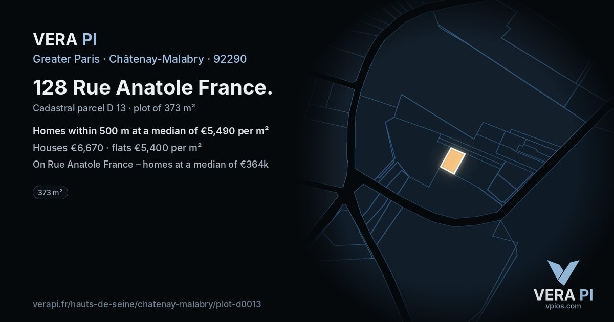 128 Rue Anatole France, Châtenay-Malabry at night – the plot lit, the parcels around coloured by the prices near them