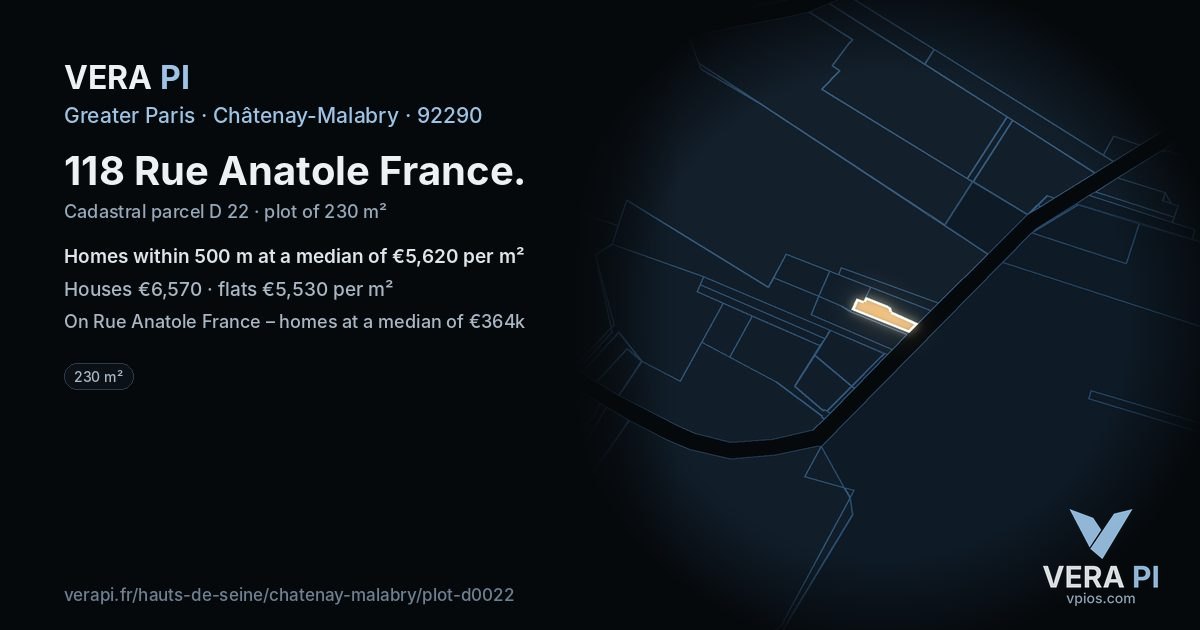 118 Rue Anatole France, Châtenay-Malabry at night – the plot lit, the parcels around coloured by the prices near them