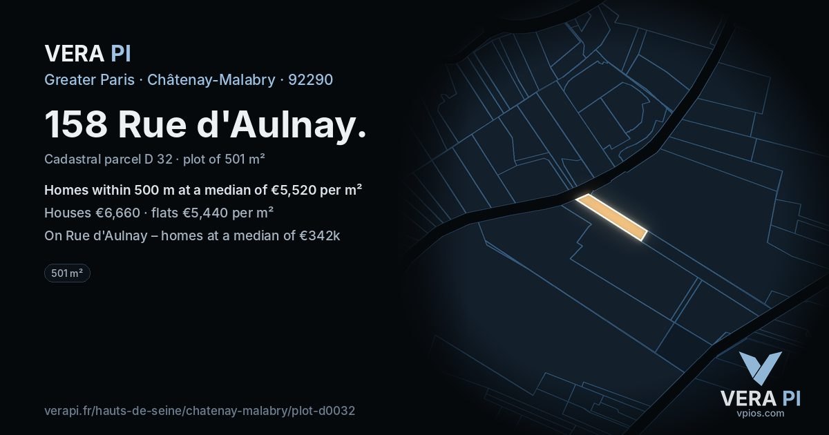 158 Rue d'Aulnay, Châtenay-Malabry at night – the plot lit, the parcels around coloured by the prices near them