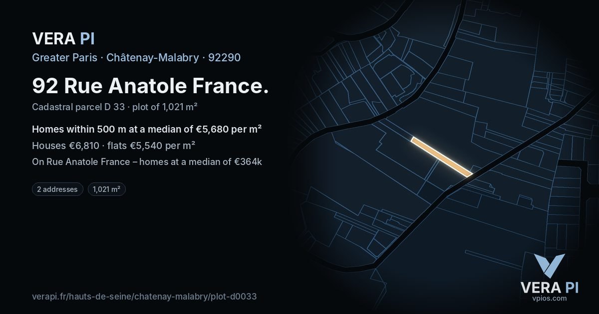 92 Rue Anatole France, Châtenay-Malabry at night – the plot lit, the parcels around coloured by the prices near them