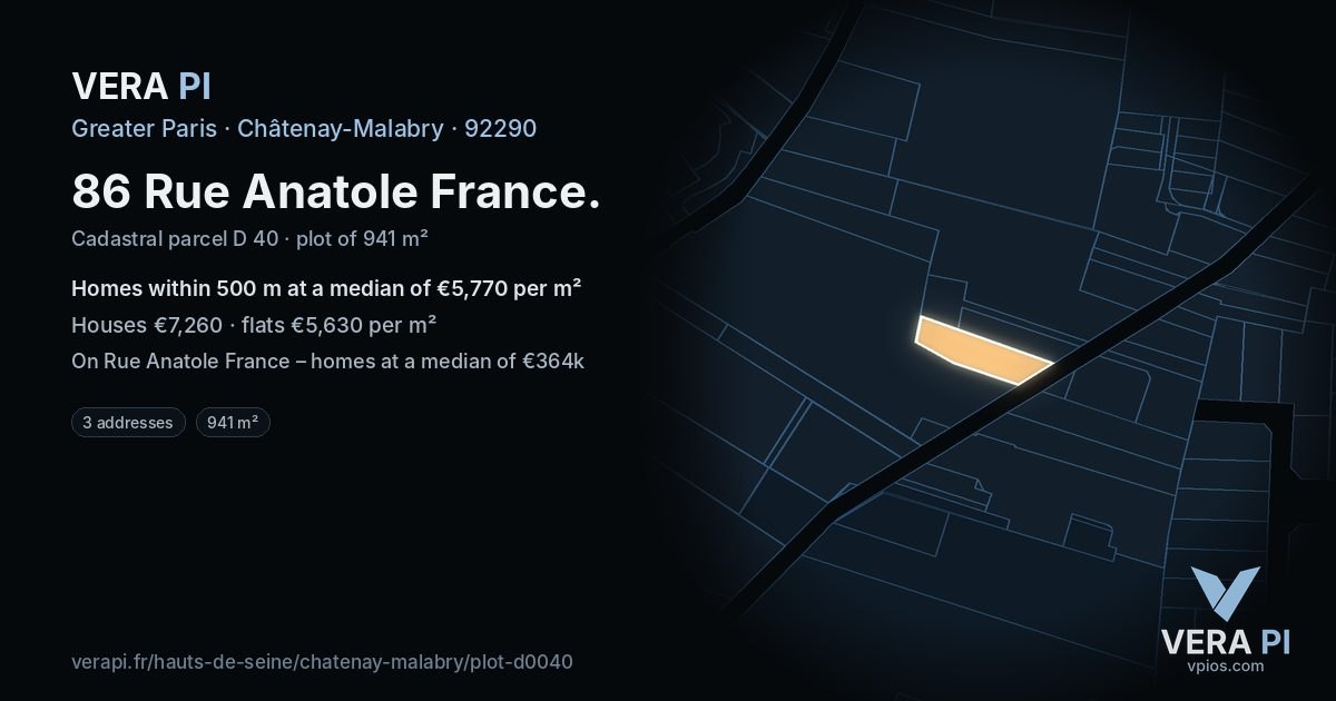 86 Rue Anatole France, Châtenay-Malabry at night – the plot lit, the parcels around coloured by the prices near them