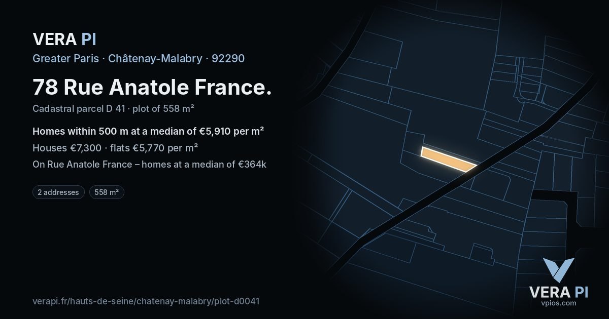 78 Rue Anatole France, Châtenay-Malabry at night – the plot lit, the parcels around coloured by the prices near them