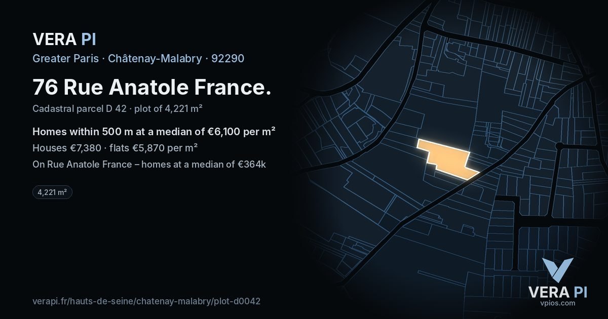 76 Rue Anatole France, Châtenay-Malabry at night – the plot lit, the parcels around coloured by the prices near them