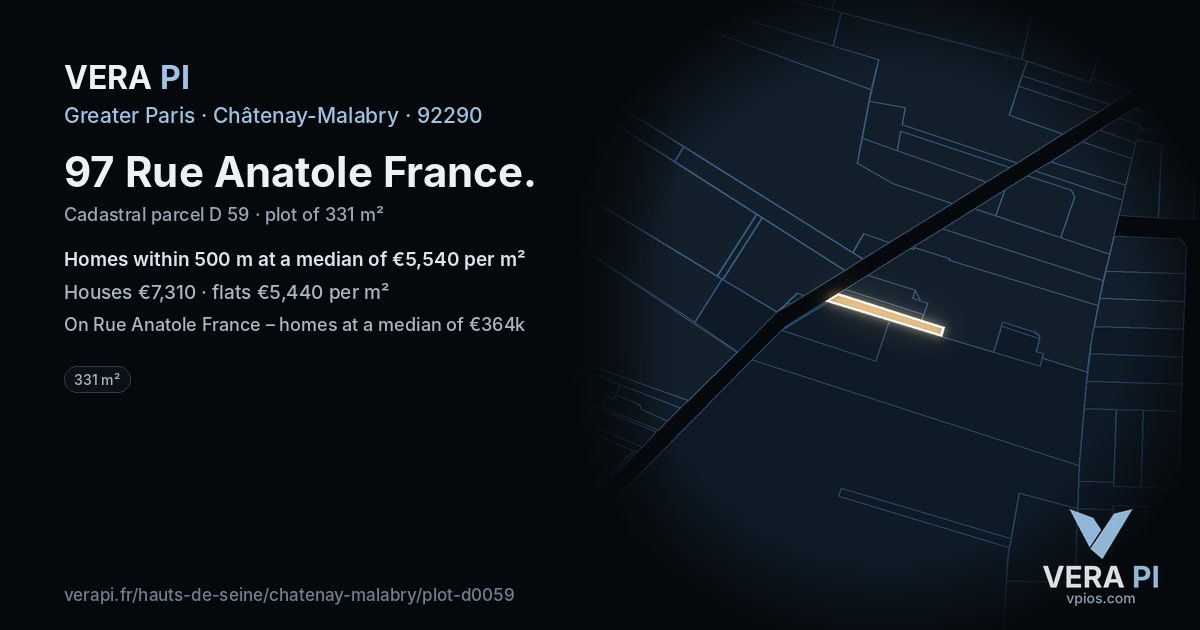 97 Rue Anatole France, Châtenay-Malabry at night – the plot lit, the parcels around coloured by the prices near them