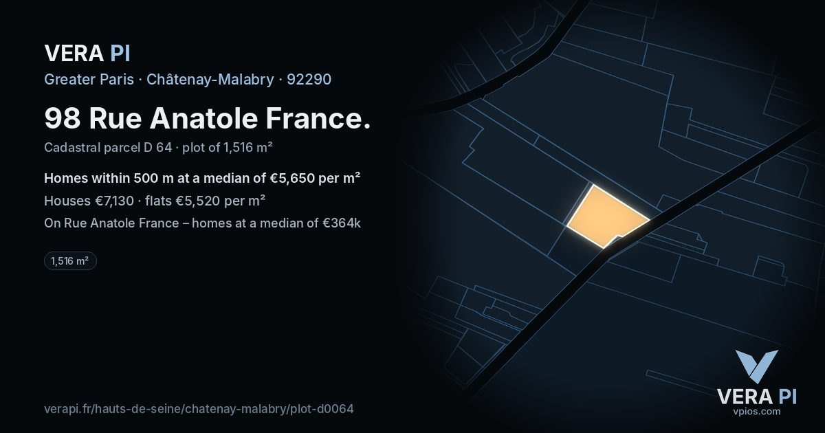 98 Rue Anatole France, Châtenay-Malabry at night – the plot lit, the parcels around coloured by the prices near them