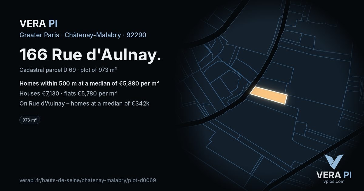 166 Rue d'Aulnay, Châtenay-Malabry at night – the plot lit, the parcels around coloured by the prices near them