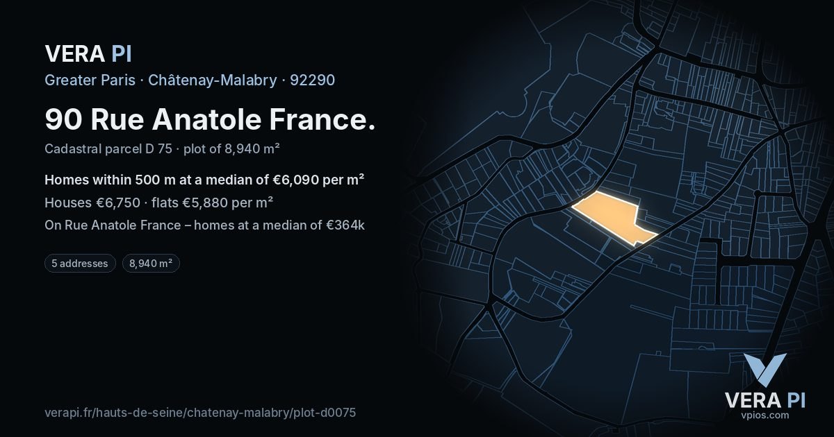 90 Rue Anatole France, Châtenay-Malabry at night – the plot lit, the parcels around coloured by the prices near them