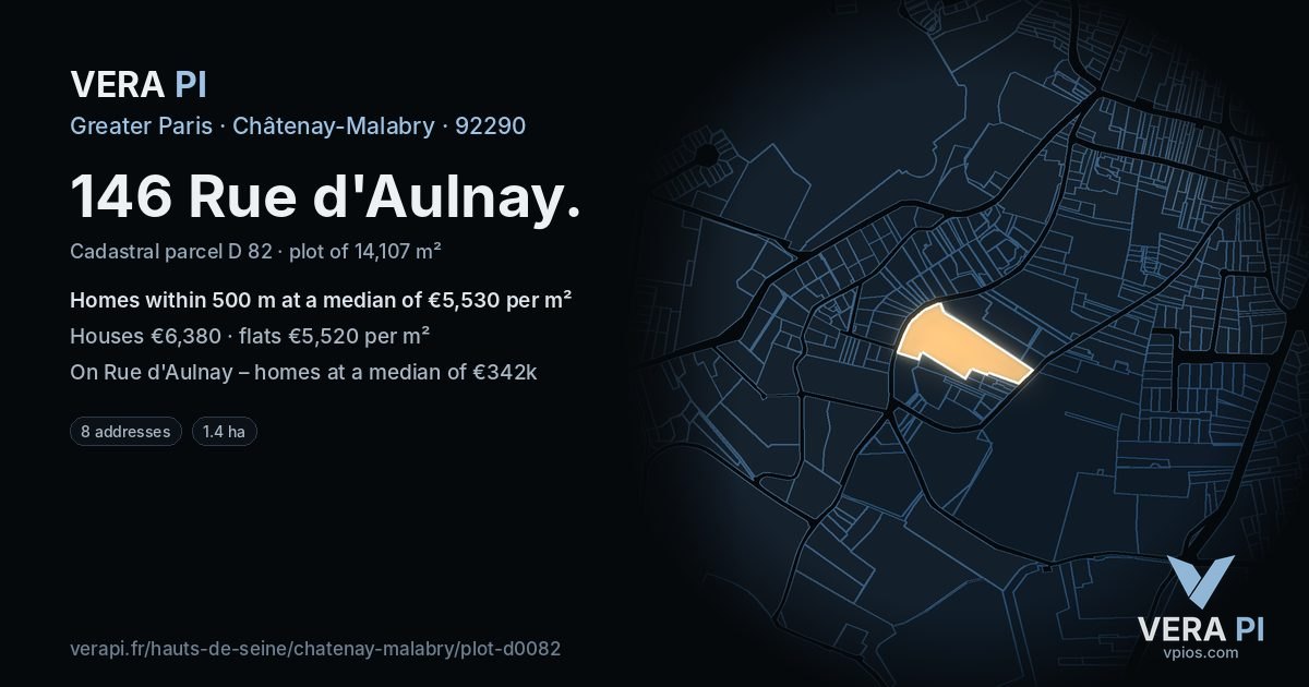 146 Rue d'Aulnay, Châtenay-Malabry at night – the plot lit, the parcels around coloured by the prices near them