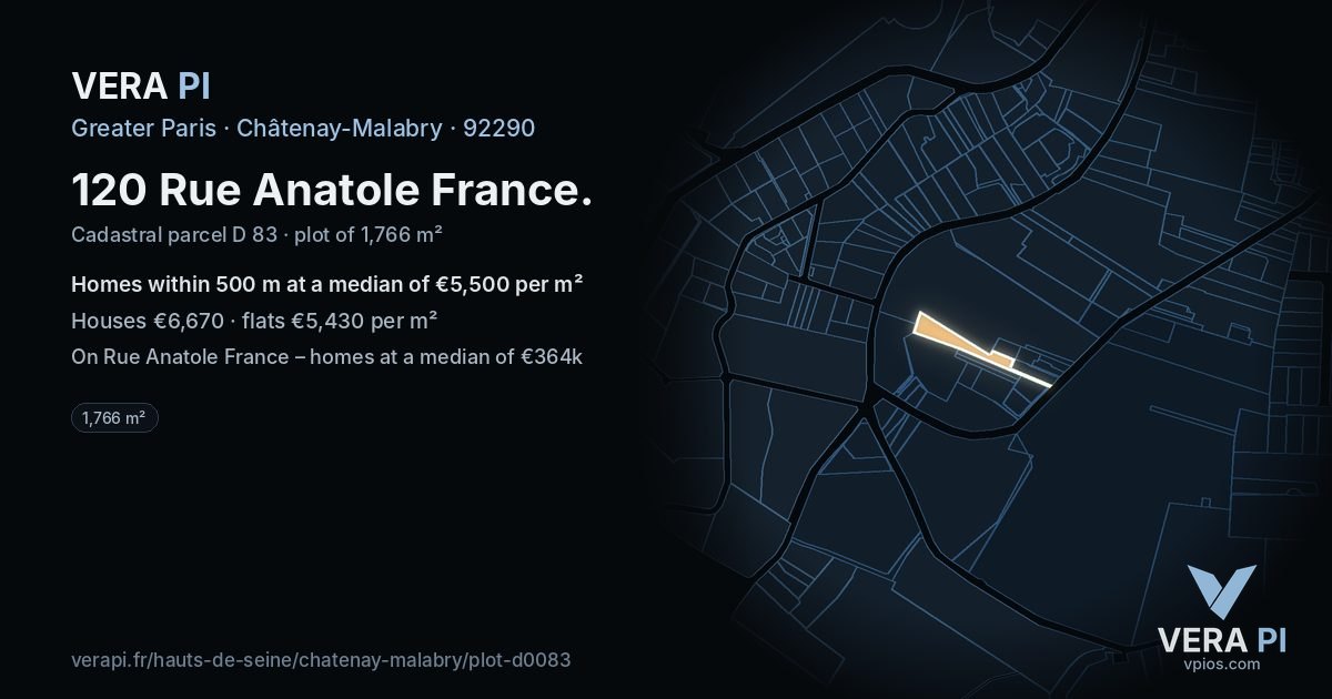 120 Rue Anatole France, Châtenay-Malabry at night – the plot lit, the parcels around coloured by the prices near them