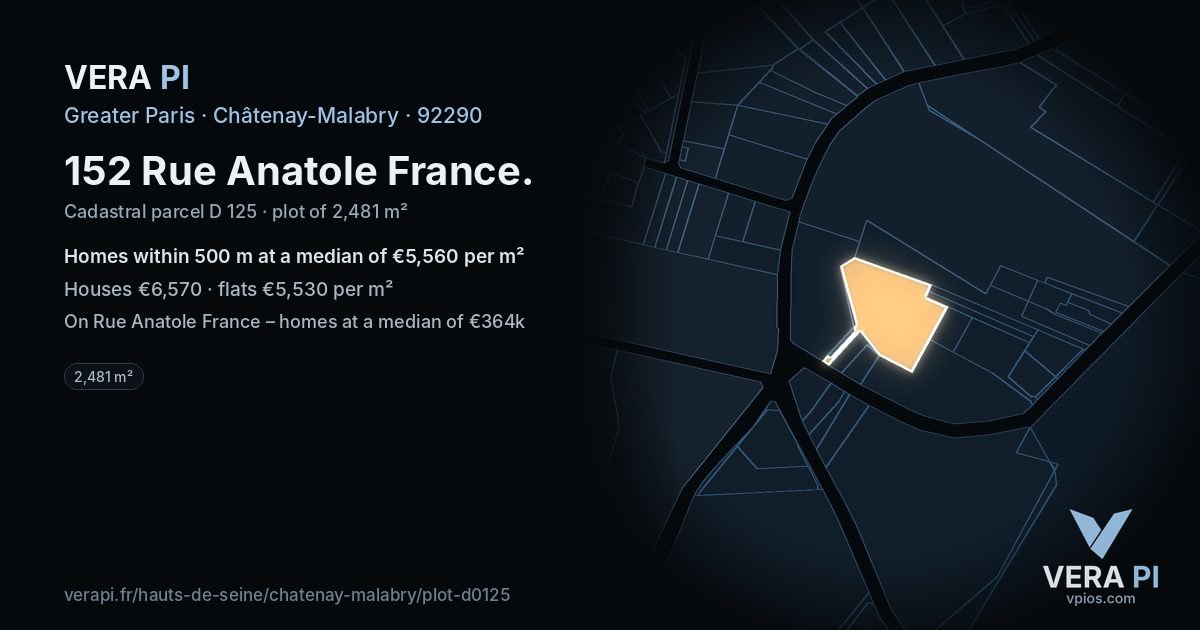 152 Rue Anatole France, Châtenay-Malabry at night – the plot lit, the parcels around coloured by the prices near them