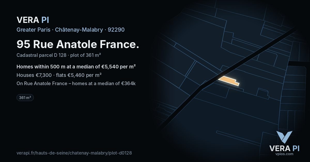 95 Rue Anatole France, Châtenay-Malabry at night – the plot lit, the parcels around coloured by the prices near them