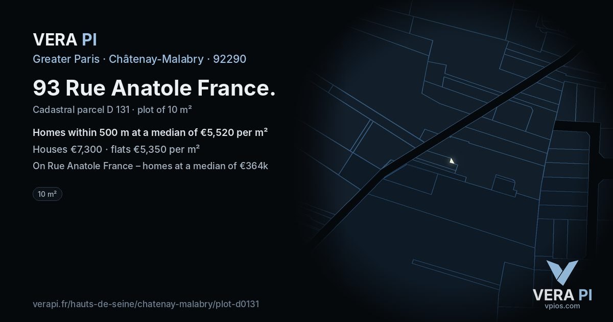 93 Rue Anatole France, Châtenay-Malabry at night – the plot lit, the parcels around coloured by the prices near them
