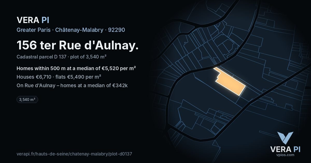 156 ter Rue d'Aulnay, Châtenay-Malabry at night – the plot lit, the parcels around coloured by the prices near them