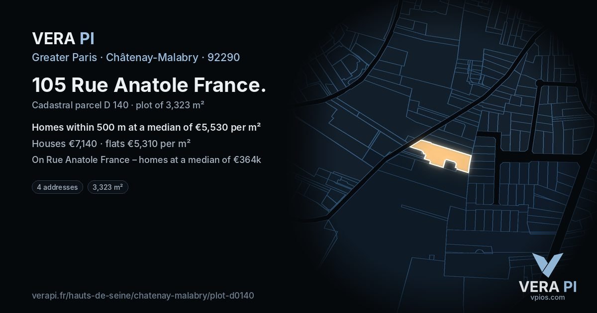 105 Rue Anatole France, Châtenay-Malabry at night – the plot lit, the parcels around coloured by the prices near them