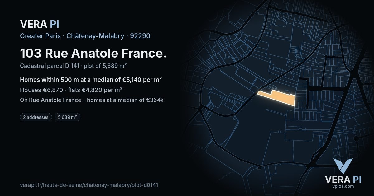 103 Rue Anatole France, Châtenay-Malabry at night – the plot lit, the parcels around coloured by the prices near them