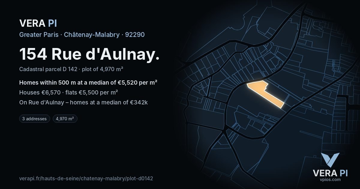 154 Rue d'Aulnay, Châtenay-Malabry at night – the plot lit, the parcels around coloured by the prices near them