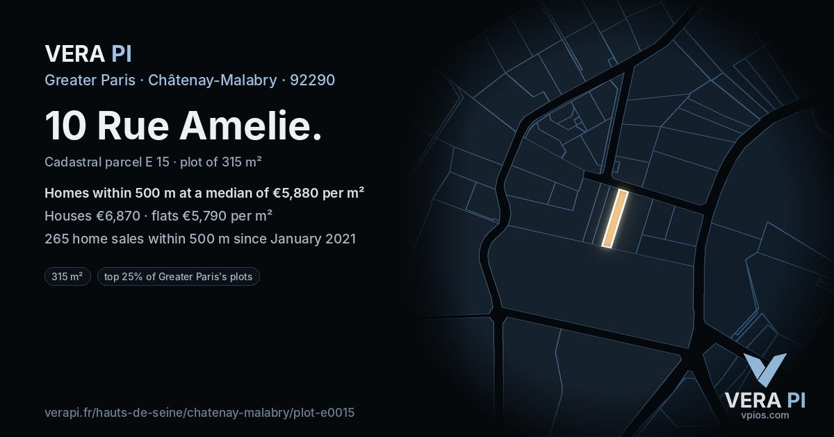 10 Rue Amelie, Châtenay-Malabry at night – the plot lit, the parcels around coloured by the prices near them