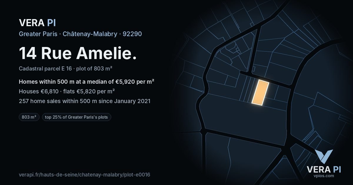 14 Rue Amelie, Châtenay-Malabry at night – the plot lit, the parcels around coloured by the prices near them
