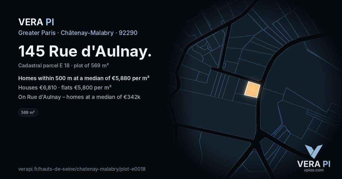 145 Rue d'Aulnay, Châtenay-Malabry at night – the plot lit, the parcels around coloured by the prices near them