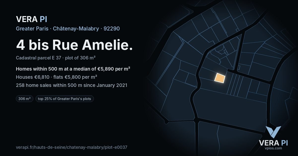 4 bis Rue Amelie, Châtenay-Malabry at night – the plot lit, the parcels around coloured by the prices near them