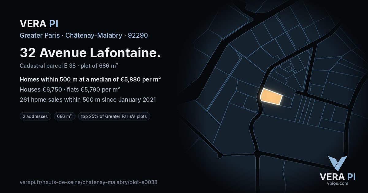 32 Avenue Lafontaine, Châtenay-Malabry at night – the plot lit, the parcels around coloured by the prices near them