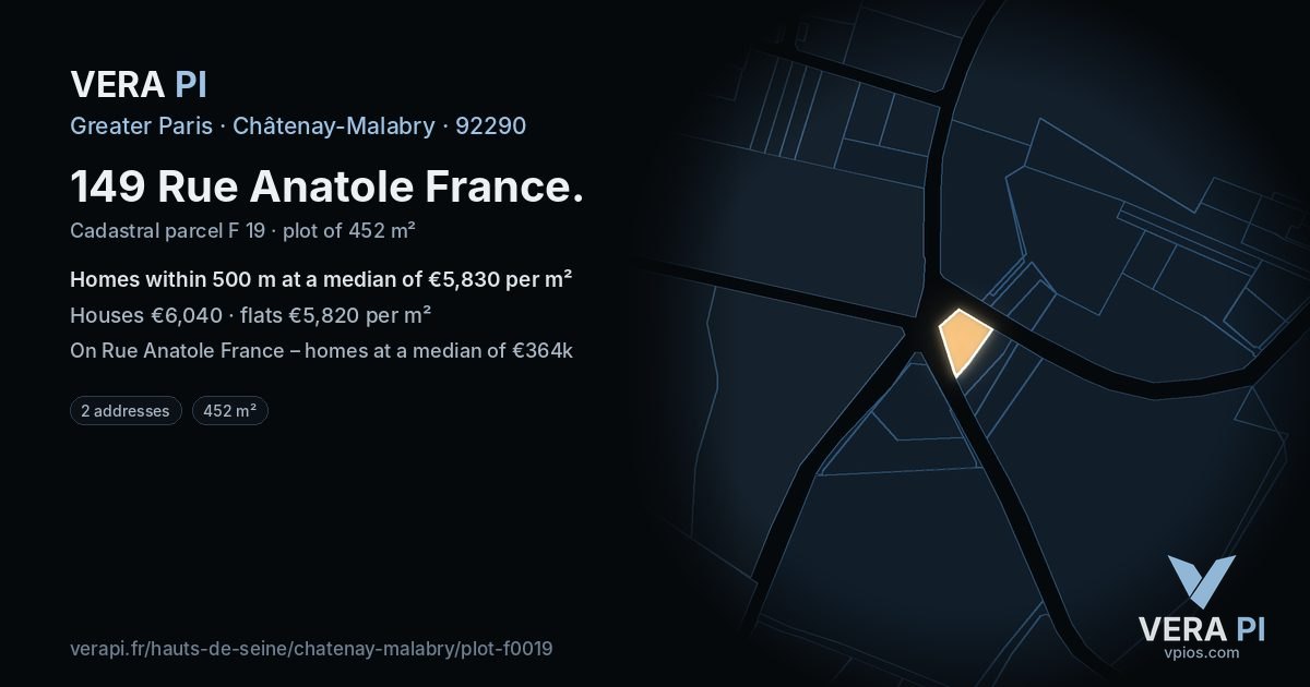 149 Rue Anatole France, Châtenay-Malabry at night – the plot lit, the parcels around coloured by the prices near them