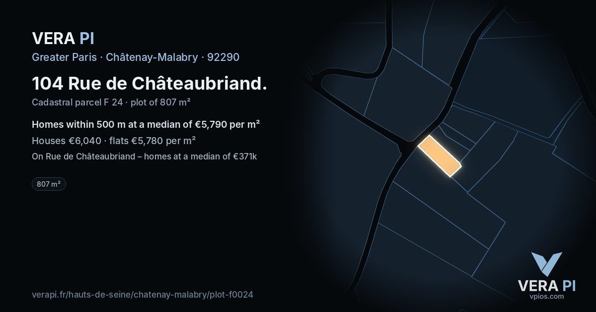 104 Rue de Châteaubriand, Châtenay-Malabry at night – the plot lit, the parcels around coloured by the prices near them