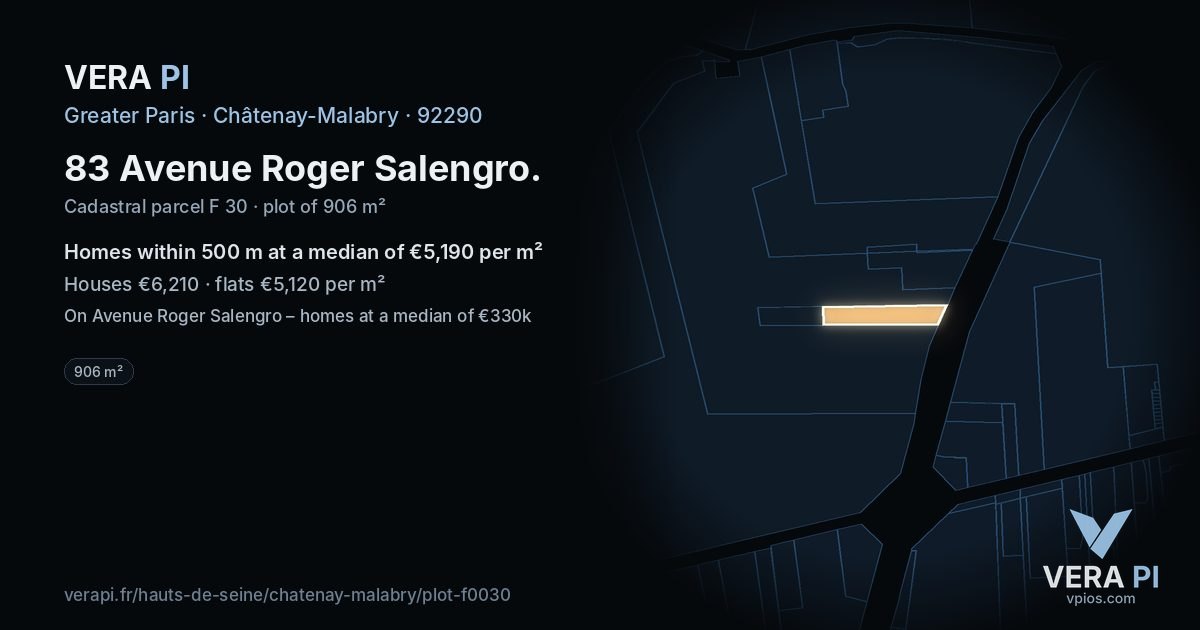 83 Avenue Roger Salengro, Châtenay-Malabry at night – the plot lit, the parcels around coloured by the prices near them