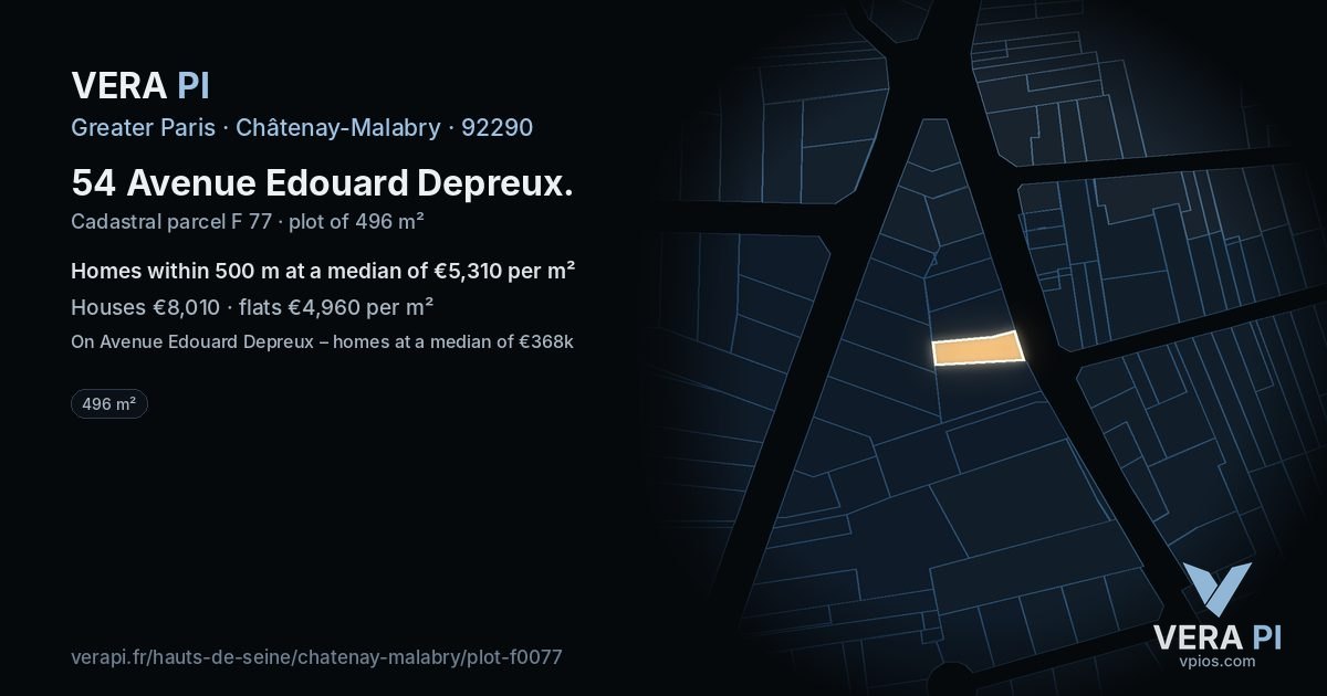 54 Avenue Edouard Depreux, Châtenay-Malabry at night – the plot lit, the parcels around coloured by the prices near them