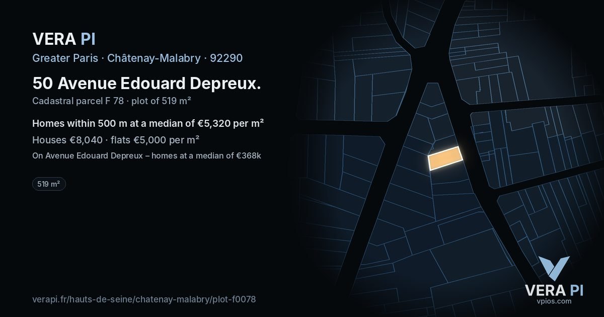 50 Avenue Edouard Depreux, Châtenay-Malabry at night – the plot lit, the parcels around coloured by the prices near them