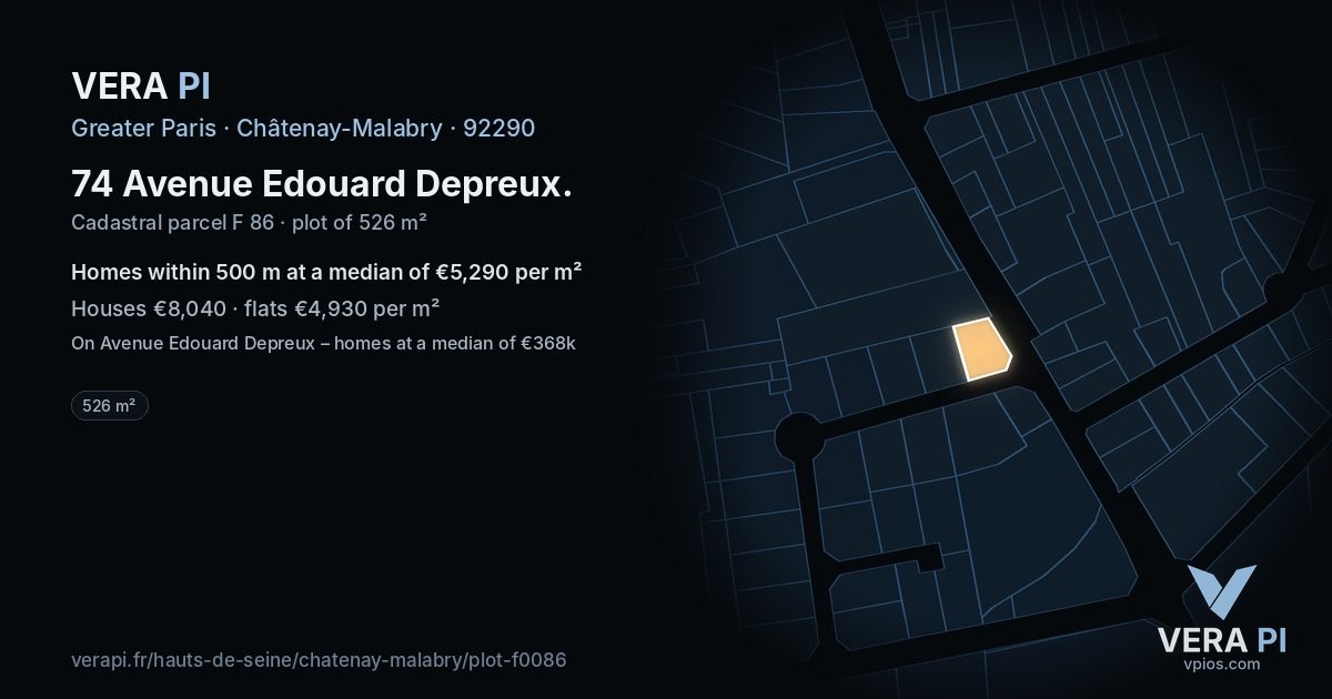 74 Avenue Edouard Depreux, Châtenay-Malabry at night – the plot lit, the parcels around coloured by the prices near them