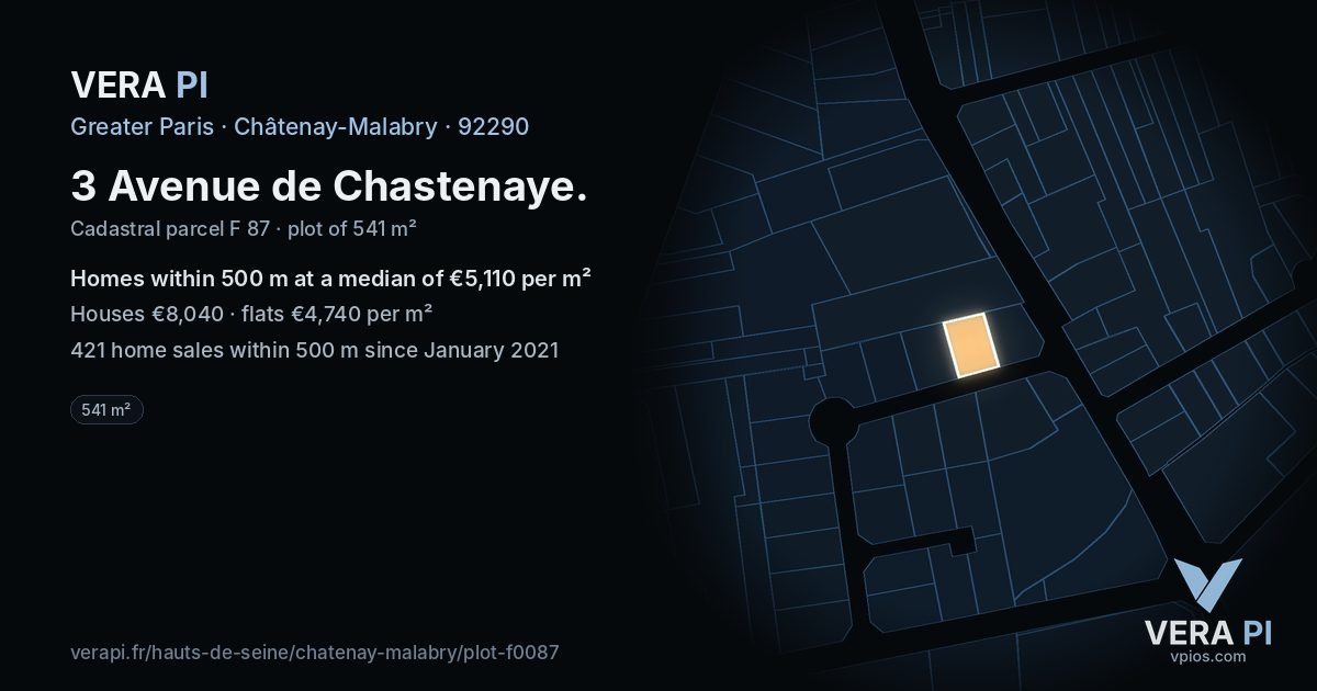 3 Avenue de Chastenaye, Châtenay-Malabry at night – the plot lit, the parcels around coloured by the prices near them