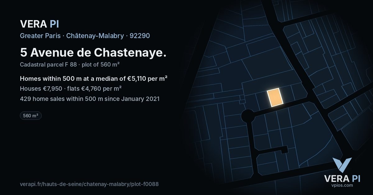 5 Avenue de Chastenaye, Châtenay-Malabry at night – the plot lit, the parcels around coloured by the prices near them