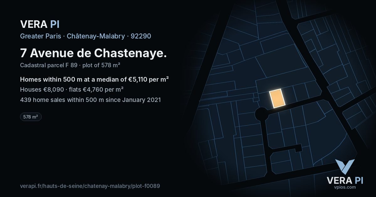 7 Avenue de Chastenaye, Châtenay-Malabry at night – the plot lit, the parcels around coloured by the prices near them