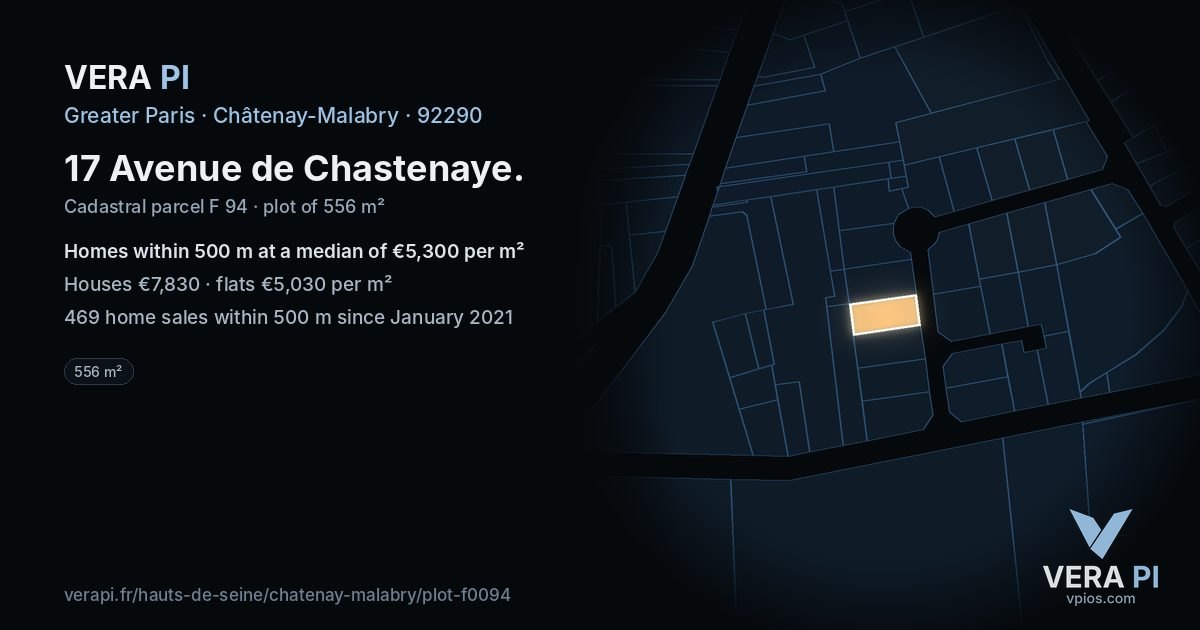 17 Avenue de Chastenaye, Châtenay-Malabry at night – the plot lit, the parcels around coloured by the prices near them