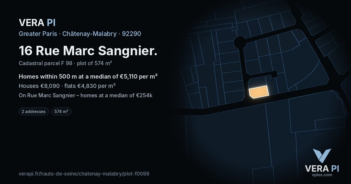 16 Rue Marc Sangnier, Châtenay-Malabry at night – the plot lit, the parcels around coloured by the prices near them