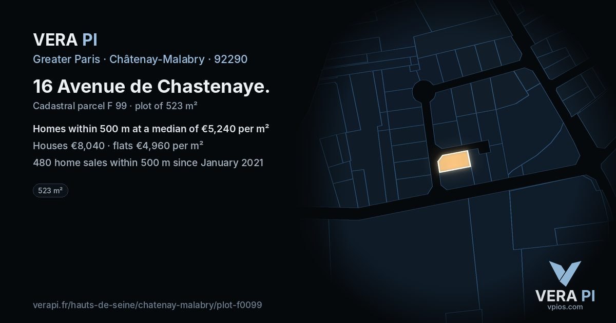 16 Avenue de Chastenaye, Châtenay-Malabry at night – the plot lit, the parcels around coloured by the prices near them