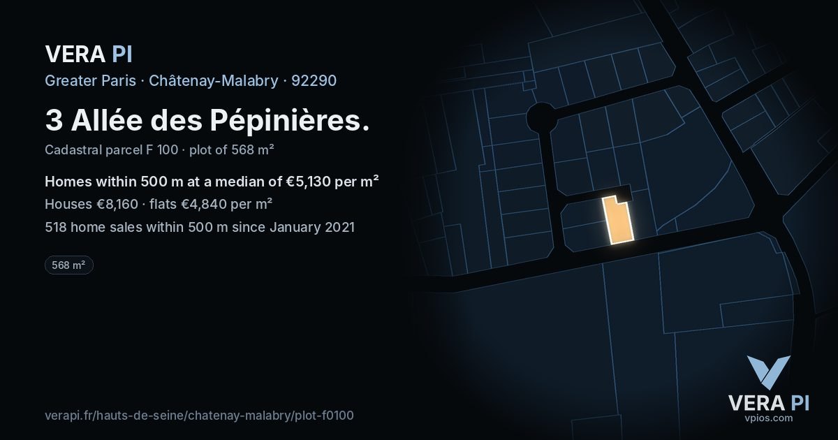 3 Allée des Pépinières, Châtenay-Malabry at night – the plot lit, the parcels around coloured by the prices near them